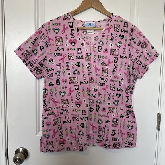 SB Scrubs Tops - SB Scrubs Breast Cancer Awareness Pink Ribbons Hearts Scrub Top Size M Cotton